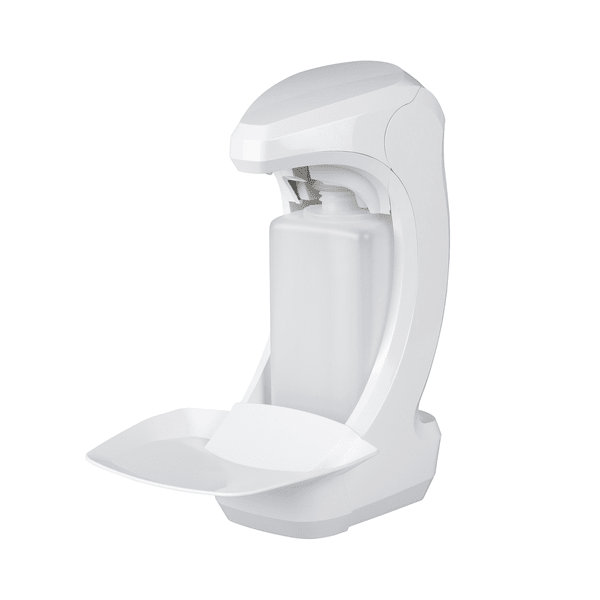 The Kiehl Ophardt RX 5T Touchless by Johannes Kiehl KG is a white, wall-mounted dispenser for 500 ml EURO bottles made of plastic with a backplate and drip tray. The front is open for easy monitoring and refilling. Batteries included.