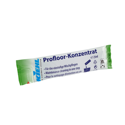 A 25 ml pouch of Kiehl Profloor Concentrate For One-Step Floor Care by Johannes Kiehl KG with German, English, and French text, green/blue/white branding, and icons for mopping application and safety instructions.