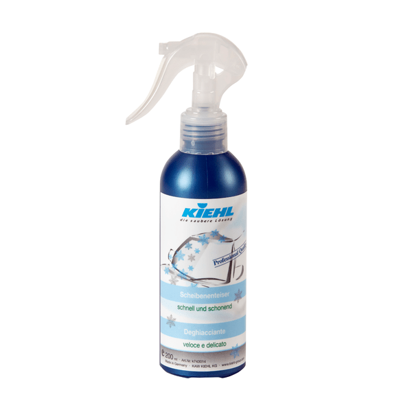 The Kiehl windshield de-icer 200 ml by Johannes Kiehl KG is a blue-silver spray bottle with a transparent spray head, intended for de-icing car windows. The label features a snowflake graphic and multilingual text. Available as a carton (30 bottles).