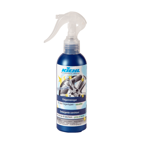 The 200-ml bottle of Johannes Kiehl KG Acid-Free Wheel Cleaner, which comes with a spray nozzle and a blue-and-white label featuring wheel designs, is available in cartons of 30 bottles.