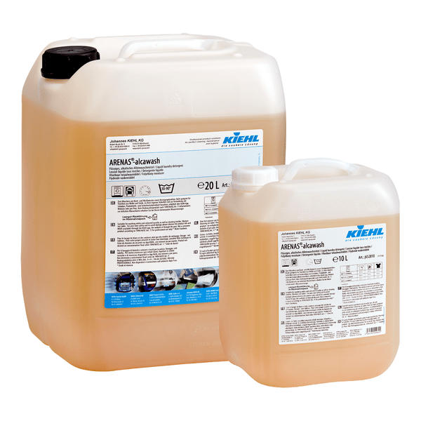 Two clear plastic containers of Johannes Kiehl KG Kiehl ARENAS-alcawash Liquid Alkaline Detergent in sizes 20L and 10L, both with white labels and black lids, filled with light brown liquid for effective textile cleaning.