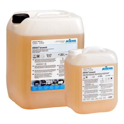 Two clear plastic containers of Johannes Kiehl KG Kiehl ARENAS-alcawash Liquid Alkaline Detergent in sizes 20L and 10L, both with white labels and black lids, filled with light brown liquid for effective textile cleaning.