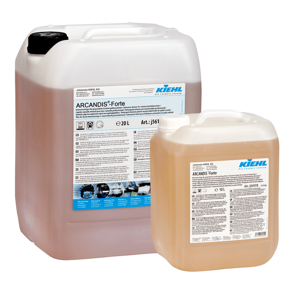 Two clear plastic containers (20L & 10L) from Johannes Kiehl KG containing Kiehl ARCANDIS-Forte Intensive Cleaner for commercial dishwashers, with white product detail labels.