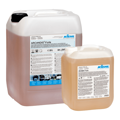 Two clear plastic containers (20L & 10L) from Johannes Kiehl KG containing Kiehl ARCANDIS-Forte Intensive Cleaner for commercial dishwashers, with white product detail labels.