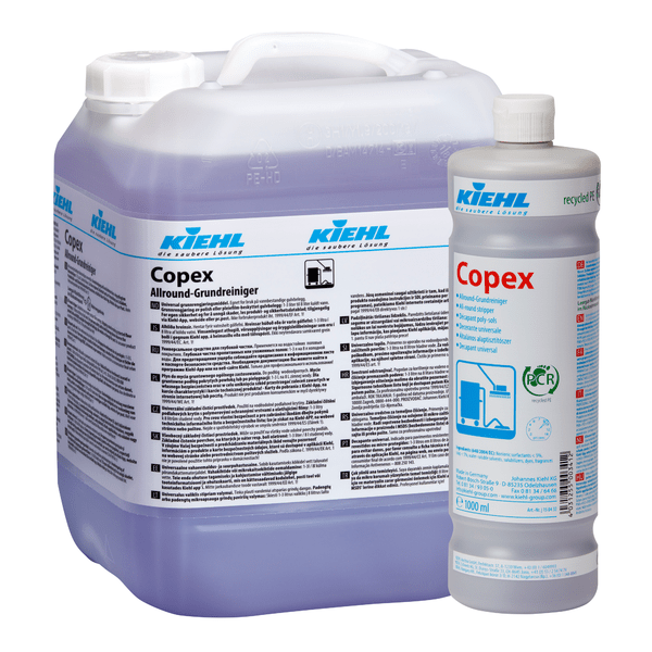 Two containers of Johannes Kiehl KG Kiehl Copex All-Purpose Cleaner: a large, clear canister with a handle and a smaller bottle, both featuring detailed, blue-labeled packaging for effective surface cleaning.