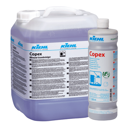 Two containers of Johannes Kiehl KG Kiehl Copex All-Purpose Cleaner: a large, clear canister with a handle and a smaller bottle, both featuring detailed, blue-labeled packaging for effective surface cleaning.