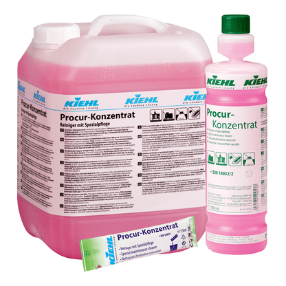 Three Kiehl Procur Concentrate Cleaners with special care from Johannes Kiehl KG - a large canister, a small bottle, and a tube - contain pink liquid with German labels, ideal as an effective cleaner for sensitive surfaces.