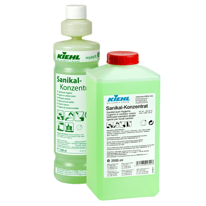 Two green bottles of Johannes Kiehl KG Kiehl Sanikal Concentrate for restroom hygiene—one tall bottle with a pour spout and one shorter bottle with a red cap—both labeled in German for professional hygiene and disinfection use.