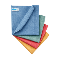 Four Kiehl Microfiber Cloths HQ-Allround (40 x 40 cm) from Johannes Kiehl KG—in blue, green, red, and yellow—are stacked in a fan-like pattern. The blue microfiber cloth is on top, partially folded to reveal a corner label.