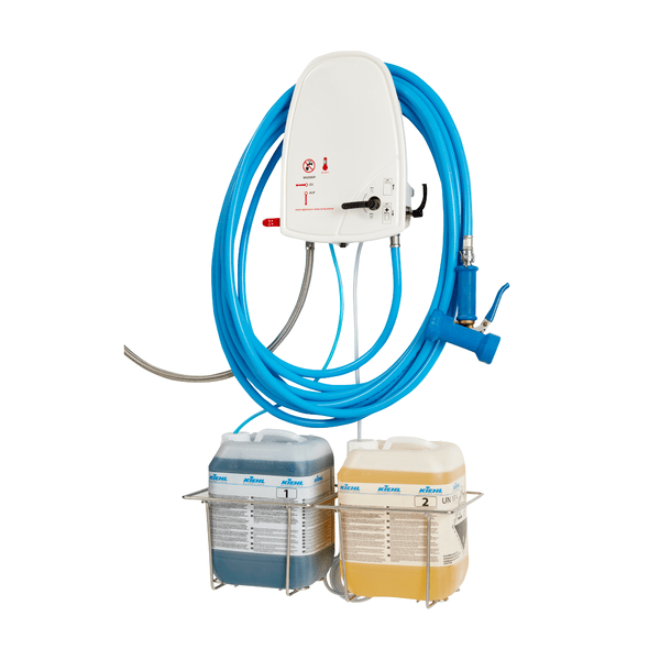 The Johannes Kiehl KG Kiehl hose with connector is designed for ARCANTEC devices and enables safe wall chemical dispensing with compatible nozzles and cleaning agent containers in metal holders.