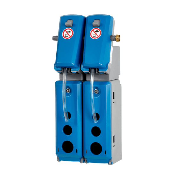 The Johannes Kiehl KG DosiStation 2P-4 L is a blue-gray wall-mounted dispenser with two modules and transparent tubing for dispensing two products from bottles—ideal for multiple dispensing or precise bottle filling.