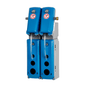The Johannes Kiehl KG DosiStation 2P-4 L is a blue-gray wall-mounted dispenser with two modules and transparent tubing for dispensing two products from bottles—ideal for multiple dispensing or precise bottle filling.