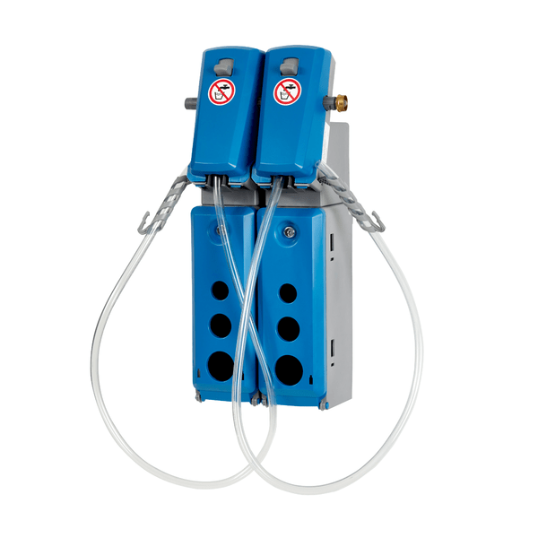 Two blue-gray Johannes Kiehl KG DosiStation 2P-16 L multi-dosing wall devices, each with hoses, four front holes, and no smoking signs - ideal for filling buckets or machines in the food industry.