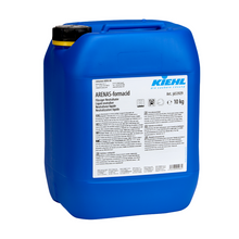 Ein blauer 10 kg Kunststoffbehälter Kiehl ARENAS-formacid Flüssiger Neutralisator der Johannes Kiehl KG mit schwarzem Deckel und detailliertem weißen Etikett, ideal für die Neutralisation von Säuren und Laugen bei der Chemikalienentsorgung.