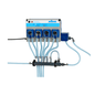 The Johannes Kiehl KG ARENAS-P6 dosing system consists of six labeled dosing pumps (each 18 L/h) and blue hoses, which are mounted on the wall and serve for the automatic dosing of industrial cleaning chemicals. The package contains one unit.