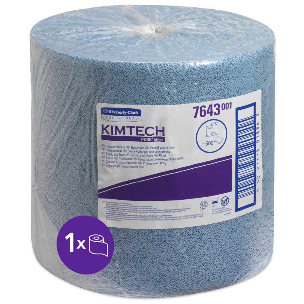 A large blue Kimtech® process wipes large roll (1 roll x 500 sheets) from Kimberly-Clark GmbH, in clear plastic with a white-purple label with the product name, 500 wipes, No. 7643, and a symbol for a roll with 500 wipes.