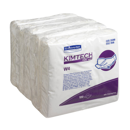 Eine durchsichtige Packung Kimtech® Pure W4 Wischtücher - Einzel / Weiß von Kimberly-Clark GmbH, etikettiert für professionelle Reinigungslösungen, mit Produktinformation und einer Handwisch-Grafik. Die Packung enthält 100 Reinraum Wischtücher.