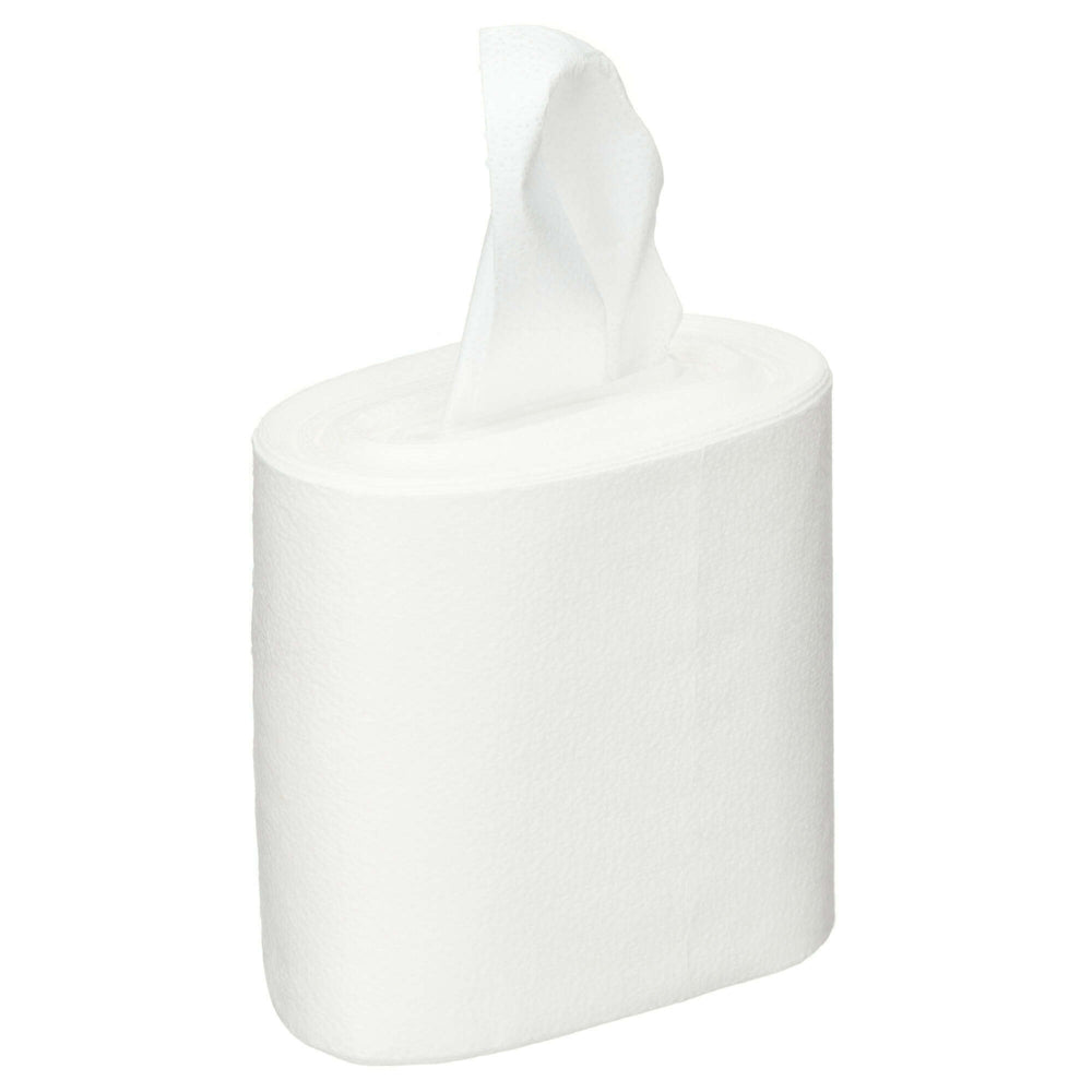 A roll of Kimberly-Clark GmbH WypAll® Wettask™ wipes - Roll / White (6 refills x 140 sheets) stands upright with a partially pulled-out sheet, ideal for removing dirt and oil, against a plain white background.