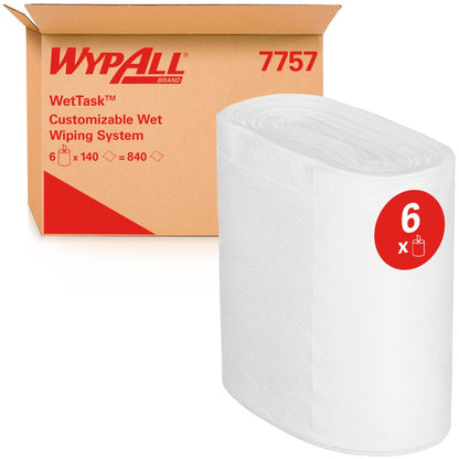 A large white roll of WypAll® Wettask™ wipes from Kimberly-Clark GmbH is pictured in front of a box labeled "6 Refills x 140 Sheets | Box (6 rolls)". A red "6" is displayed on the roll.