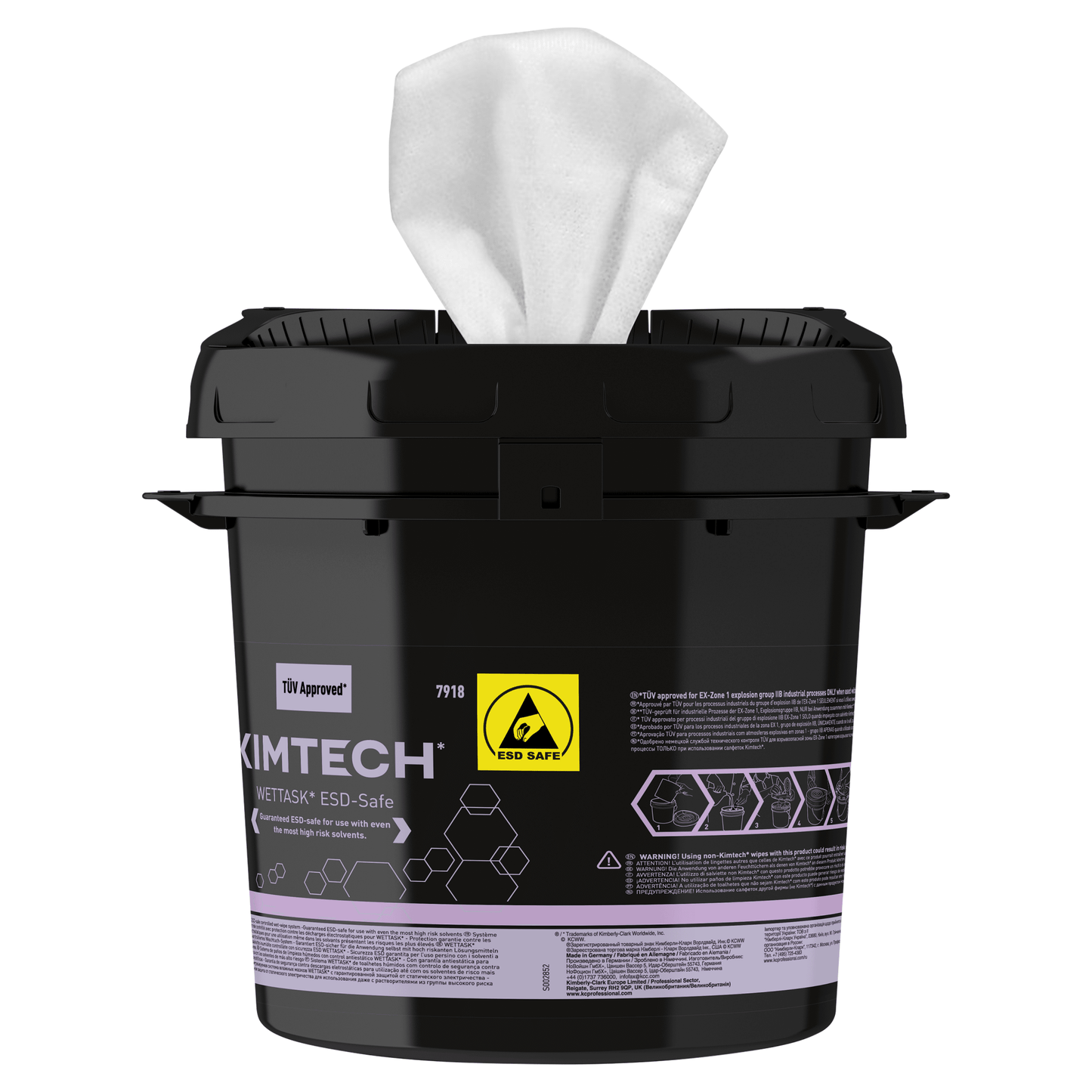 The black Kimtech® WETTASK* ESD roll wiper dispenser bucket from Kimberly-Clark GmbH dispenses white cleaning cloths and is marked with a yellow ESD-safe symbol, making it ideal for ESD-sensitive areas. Box contains 4 dispensers.