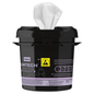 The black Kimtech® WETTASK* ESD roll wiper dispenser bucket from Kimberly-Clark GmbH dispenses white cleaning cloths and is marked with a yellow ESD-safe symbol, making it ideal for ESD-sensitive areas. Box contains 4 dispensers.