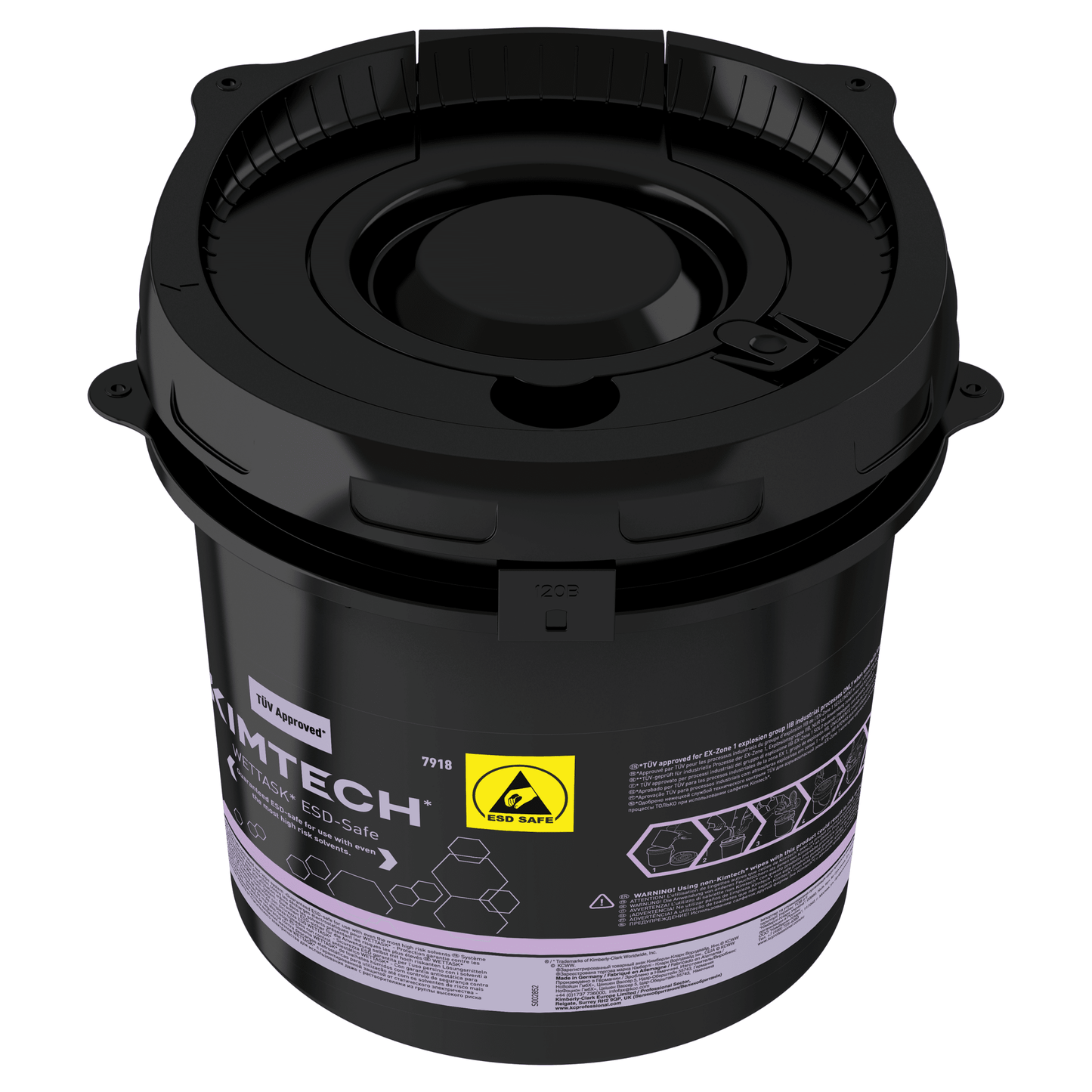 Kimtech® WETTASK* ESD roll wiper dispenser bucket made of black plastic from Kimberly-Clark GmbH with a screw cap lid and yellow ESD-safe warning label, marked with product information - ideal for use in sensitive ESD areas. Carton contains 4 buckets.
