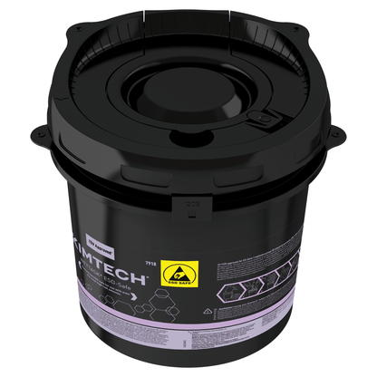 Kimtech® WETTASK* ESD roll wiper dispenser bucket made of black plastic from Kimberly-Clark GmbH with a screw cap lid and yellow ESD-safe warning label, marked with product information - ideal for use in sensitive ESD areas. Carton contains 4 buckets.