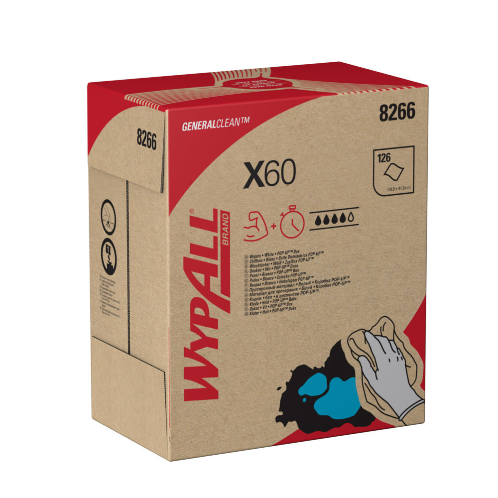 Die WypAll® X60 General Clean Zupfbox von Kimberly-Clark GmbH (8266) enthält 126 weiße Tücher pro Box, verfügt über ein rotes und schwarzes Branding mit einer Hand, die einen blauen Fleck reinigt, und ist ideal für die industrielle Reinigung. Verkauft als 10 Boxen x 126 Blatt.