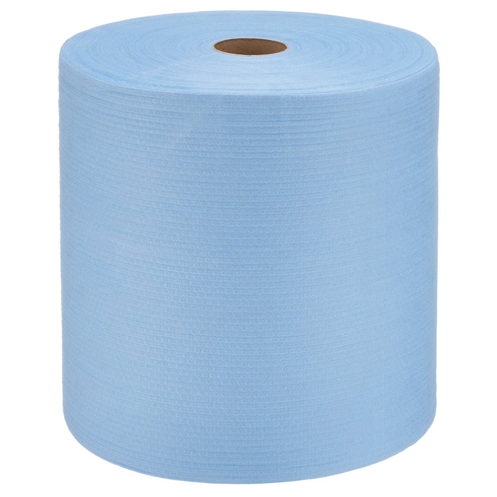 Eine WypAll® X80 PowerClean Großrolle (31,00 x 31,50 cm) der Marke Kimberly-Clark GmbH mit kleinem braunen Kartonkern steht aufrecht vor weißem Hintergrund.