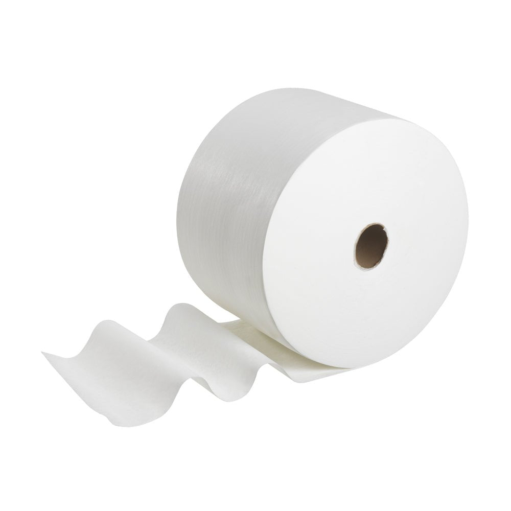 A large roll of WypAll® X50 General Clean absorbent wipes from Kimberly-Clark GmbH with some unrolled sheets is shown against a plain white background.