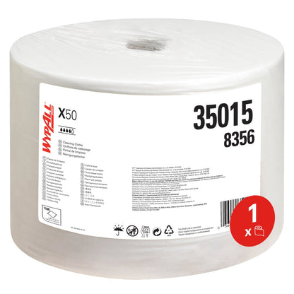 A white large roll WypAll® X50 General Clean by Kimberly-Clark GmbH, 1 roll x 1100 sheets (large roll, white), in clear plastic packaging with product information and symbols on the label.