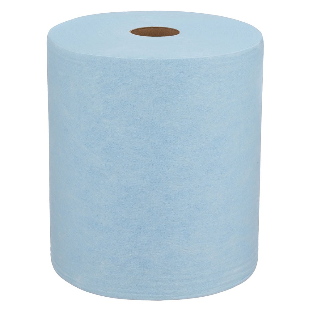 Eine große blaue WypAll® X60 General Clean Großrolle von Kimberly-Clark GmbH (1 Rolle x 500 Blatt) mit braunem Kern steht aufrecht auf weißem Hintergrund, ideal für professionelle Reinigungsaufgaben.