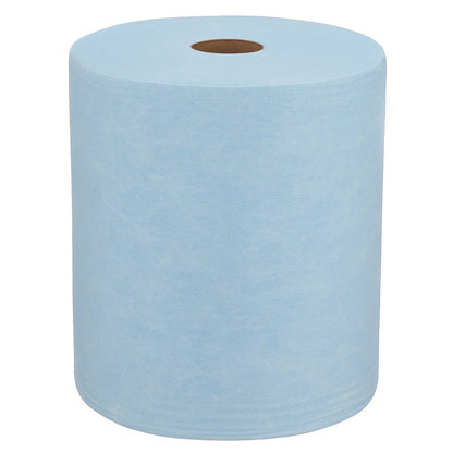 Eine große blaue WypAll® X60 General Clean Großrolle von Kimberly-Clark GmbH (1 Rolle x 500 Blatt) mit braunem Kern steht aufrecht auf weißem Hintergrund, ideal für professionelle Reinigungsaufgaben.