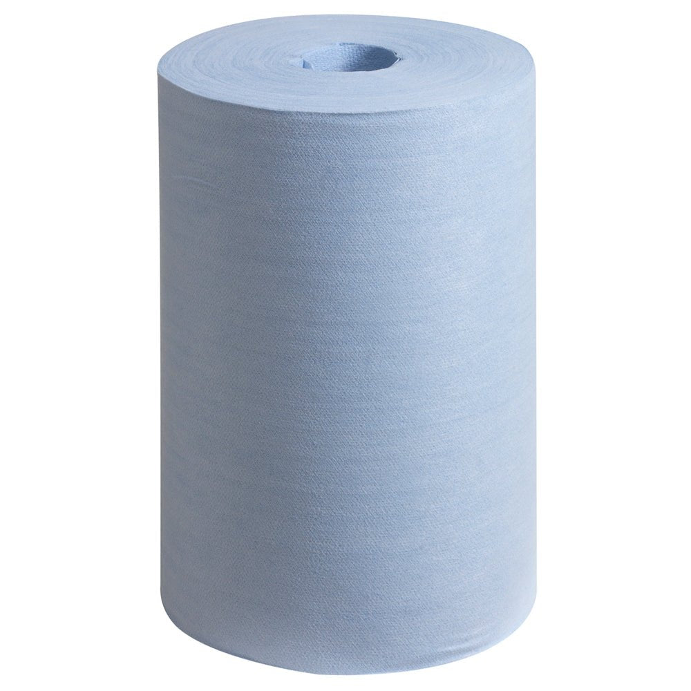 A blue WypAll® X60 General Clean central dispensing roll (1 x 150 sheets) from Kimberly-Clark GmbH stands upright against a plain white background.