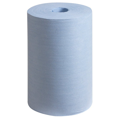 A blue WypAll® X60 General Clean central dispensing roll (1 x 150 sheets) from Kimberly-Clark GmbH stands upright against a plain white background.