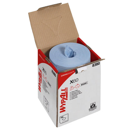 A box from Kimberly-Clark GmbH with the label "WypAll® X60 General Clean - Central Dispensing / Blue" contains a visible blue roll with 150 cleaning cloths, with part of the roll and a cloth visible through a top opening.