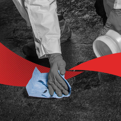 A person in protective clothing cleans a dark floor with a blue WypAll® X60 General Clean central dispensing cloth (1 roll, 150 sheets) from Kimberly-Clark GmbH. A white container and red graphics emphasize the efficient central dispensing.