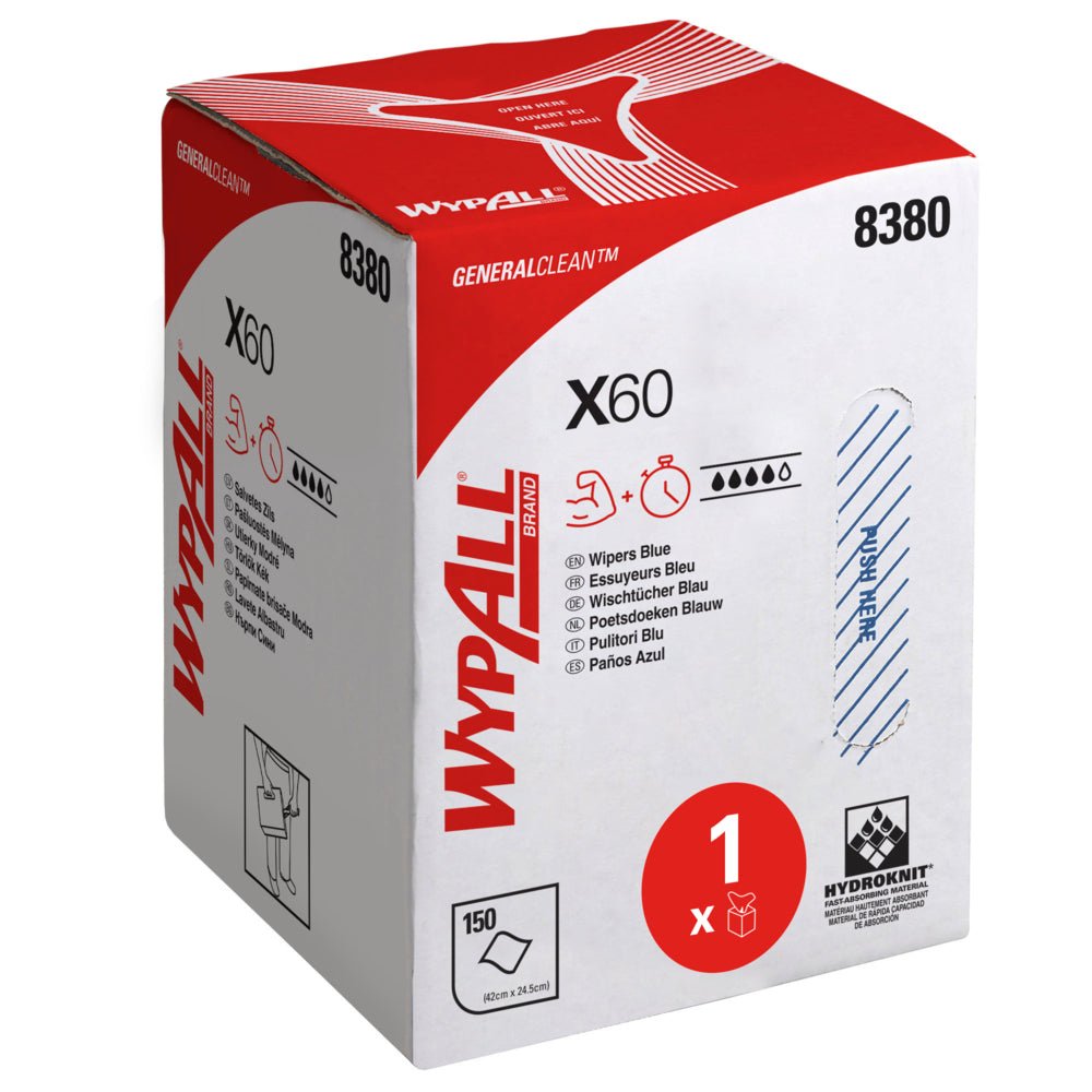 The white-red box of WypAll® X60 General Clean (Blue) from Kimberly-Clark GmbH is marked with multilingual information, symbols, and the number 8380. The box contains 1 roll with 150 blue sheets and a pull-out dispenser part for central dispensing.