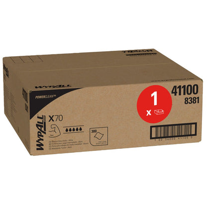 A white box labeled WypAll® X70 PowerClean from Kimberly-Clark GmbH (1 box x 300 sheets) contains industrial cleaning towels. A red circle highlights 1 pack, with an illustration showing the folded sheets inside.
