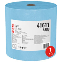 A large blue WypAll® X70 PowerClean jumbo roll from Kimberly-Clark GmbH (1 x 870 sheets per roll) features a white label with product information, the numbers 41611 and 8389, and a red "1 x" symbol—ideal for industrial cleaning.