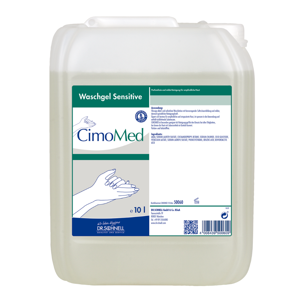 Ein 10L durchsichtiger Behälter mit der Aufschrift "Dr. Schnell CIMOMED Handwaschgel, duft- und farbstofffrei, für Hautreinigung" der DR.SCHNELL GmbH & Co. KGaA mit Handabbildungen und ausführlicher Anleitung; ideal für empfindliche Haut.