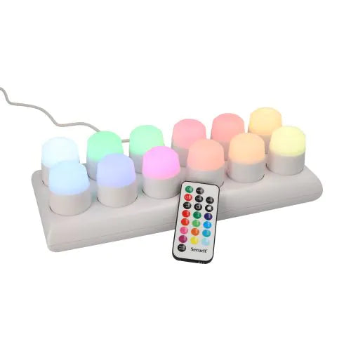 Papstar Securit® 12 LED-Teelichter inkl. Ladestation Ø 4 cm · 5 cm "Amsterdam" Leuchtdauer 12-40h