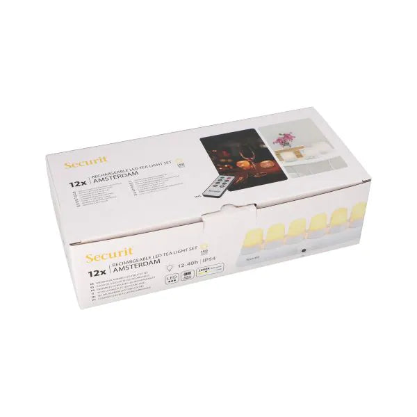 Papstar Securit® 12 LED-Teelichter inkl. Ladestation Ø 4 cm · 5 cm "Amsterdam" Leuchtdauer 12-40h