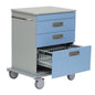 A Novocal module trolley chassis made from a sturdy plastic plate features two closed and one open drawer (all light blue) with a plastic storage basket, four wheels, and a metal handle on the left side.