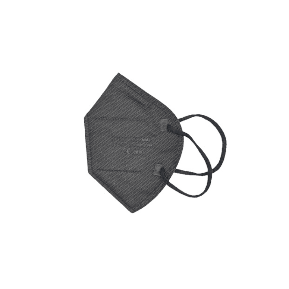 Eine MOONLEX FFP2 Maske von Altruan, 5-lagig, CE2890-zertifiziert und einzeln foliert, wird in Schwarz mit Ohrschlaufen vor weißem Hintergrund präsentiert und zeigt Form sowie Struktur.