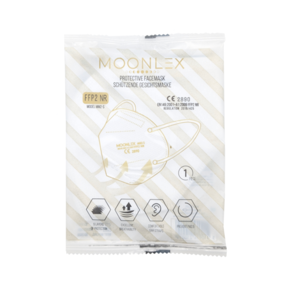 Eine versiegelte weiße Verpackung mit diagonalen Goldstreifen enthält Altruan MOONLEX FFP2 Maske, 5-lagig, CE2890 zertifiziert, jede einzeln verpackt für Komfort und Schutz.