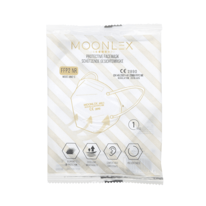 Eine versiegelte weiße Verpackung mit diagonalen Goldstreifen enthält Altruan MOONLEX FFP2 Maske, 5-lagig, CE2890 zertifiziert, jede einzeln verpackt für Komfort und Schutz.