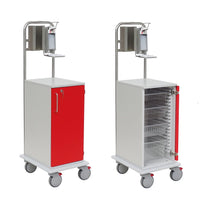 Two views of the Novocal MRSA2 cart with a red front door mounted on a solid all-plastic chassis. On one side, the door is closed; on the other, the interior shelves are visible. A disinfectant dispenser is mounted on the top.