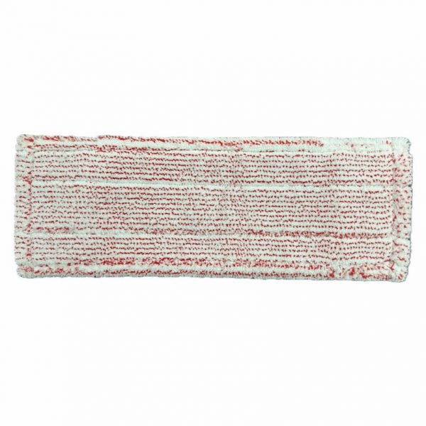 Das Arcora Excellent Red-White Db-Fc Mopp Mit Farbcodierung Und Deckblatt von Arcora International GmbH ist ein rechteckiges Mikrofaserpad mit weißen und roten Streifen, strukturierter Oberfläche, bearbeiteten Kanten und Farbcodierung zur einfachen Identifizierung von Reinigungsaufgaben. Abgebildet auf weißem Hintergrund.