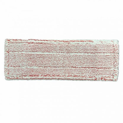 Das Arcora Excellent Red-White Db-Fc Mopp Mit Farbcodierung Und Deckblatt von Arcora International GmbH ist ein rechteckiges Mikrofaserpad mit weißen und roten Streifen, strukturierter Oberfläche, bearbeiteten Kanten und Farbcodierung zur einfachen Identifizierung von Reinigungsaufgaben. Abgebildet auf weißem Hintergrund.